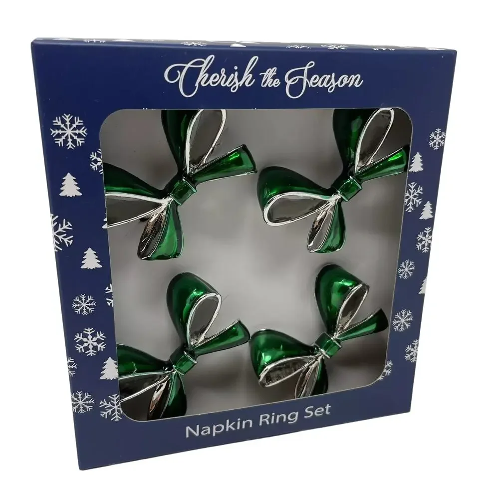Green Bow Christmas Napkin Rings Set of 4 Silver Holiday Glam Cherish the Season